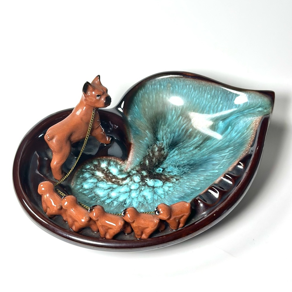 Vintage Ash Tray, Dog Chained Linked, Frenchie, Boston Terrier, 70s, Marbled